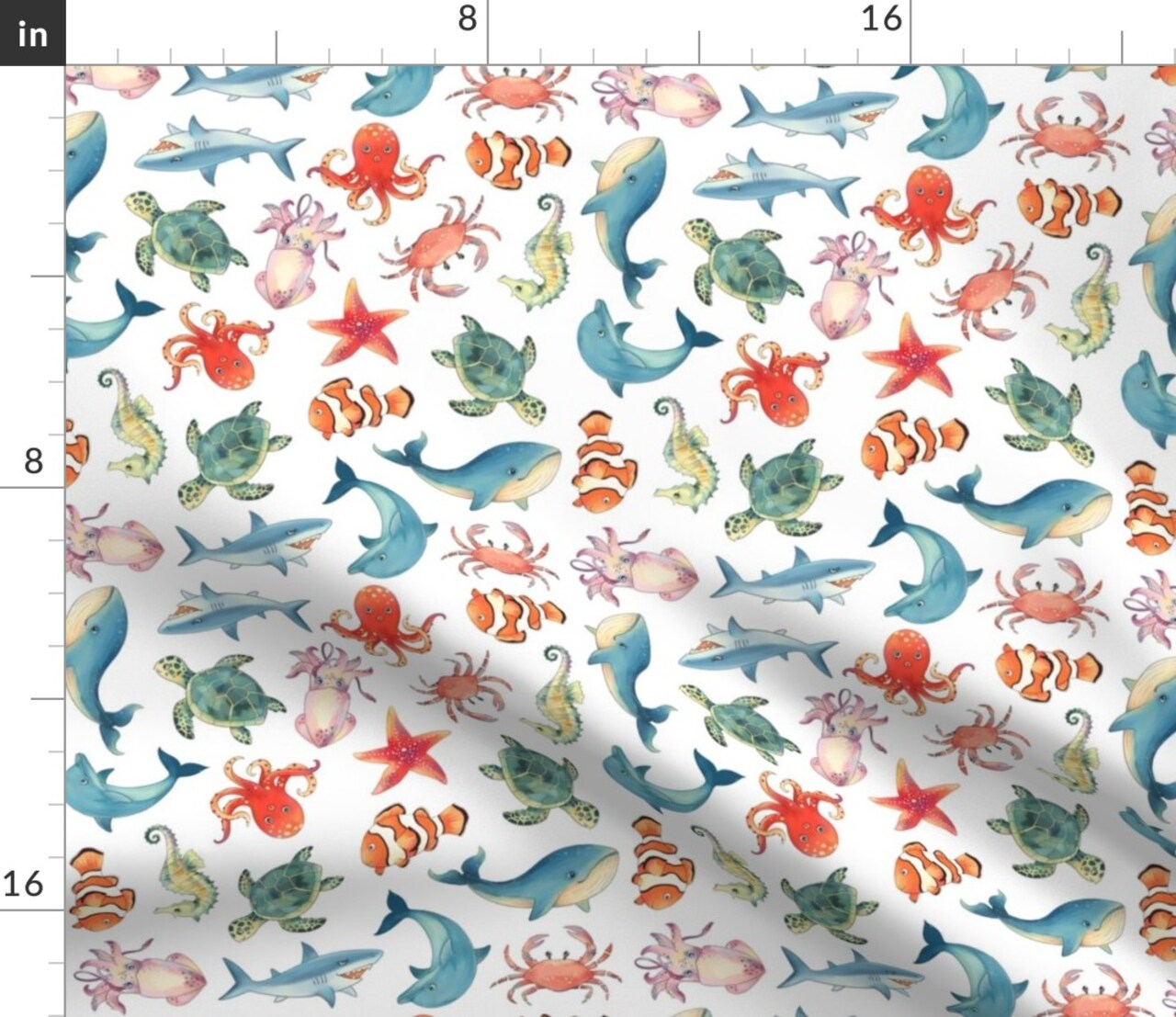 Sea Animal Animals Ocean Creatures Dolphin Whale Clown Fish Turtle Whales Octopus Watercolor Custom Printed Fabric by Spoonflower Various Fabrics by the Yard or Fat Quarter
